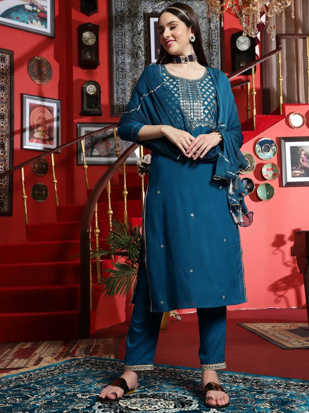 

BANDIA Floral Embroidered Sequinned Kurta With Trousers & Dupatta, Teal