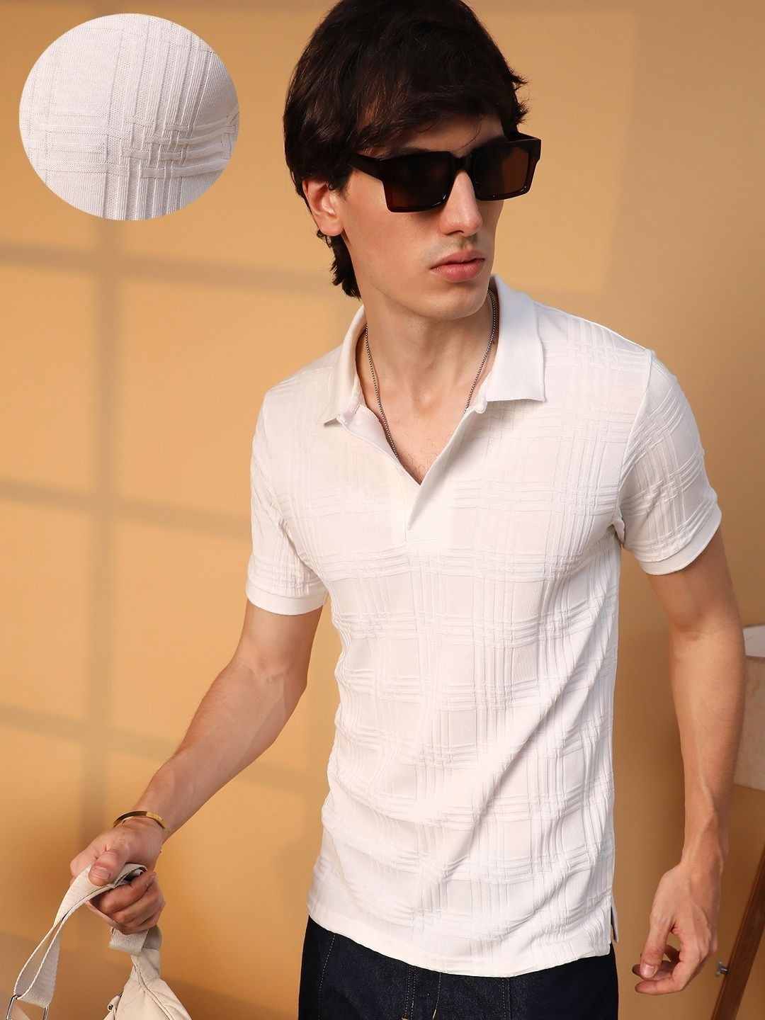 

Campus Sutra Men Self Design Polo Collar Cotton T-Shirt, White