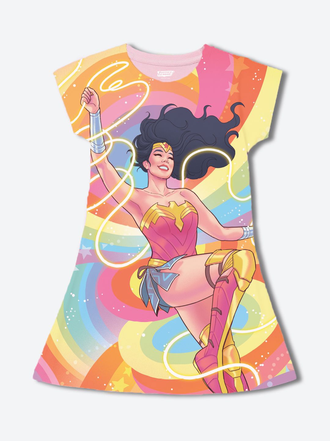 

YK Justice League Girls Wonder Woman Printed A-Line Dress, Pink