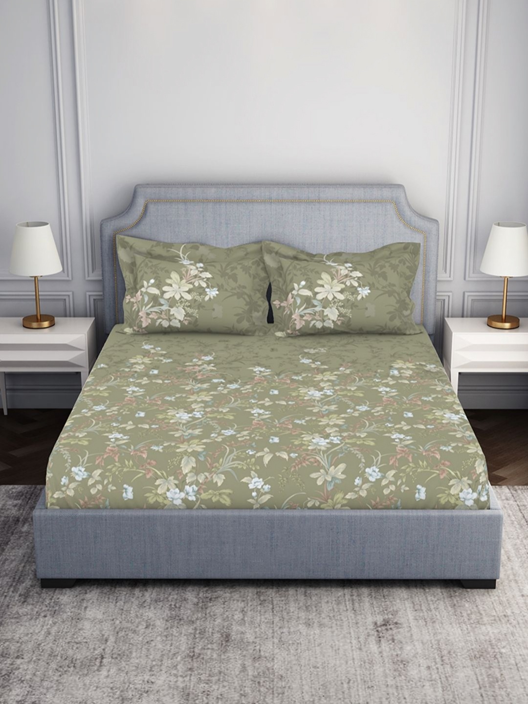 

SPACES Green & Blue Floral Cotton 130 TC Queen Bedsheet with 2 Pillow Covers