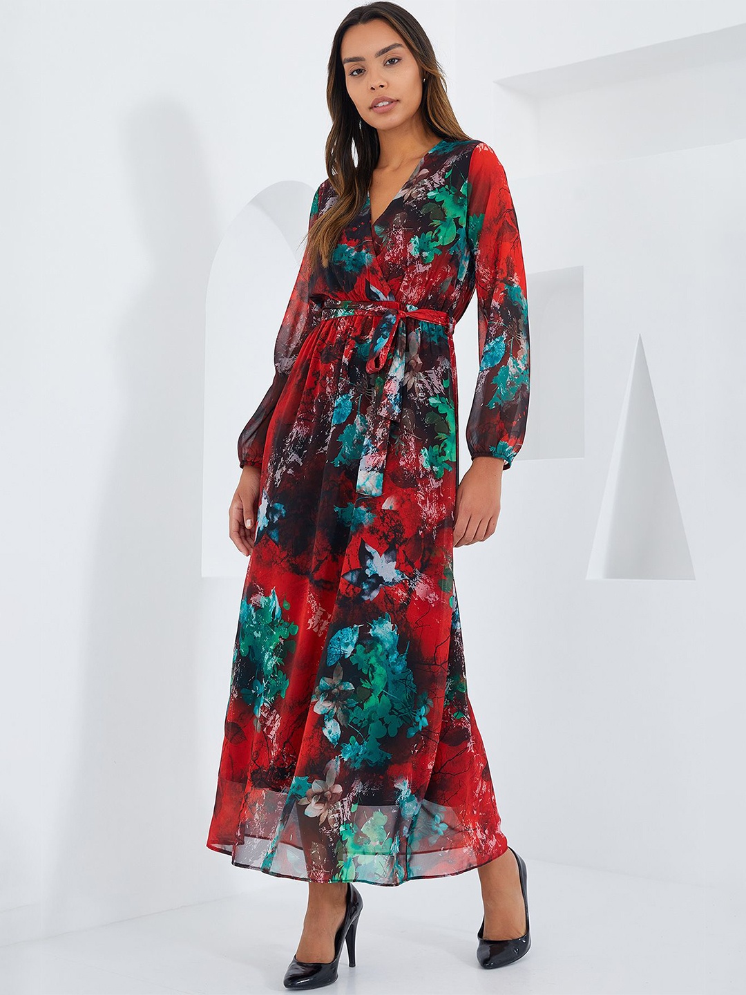 

BIGDART Belted Floral Maxi Dress, Red