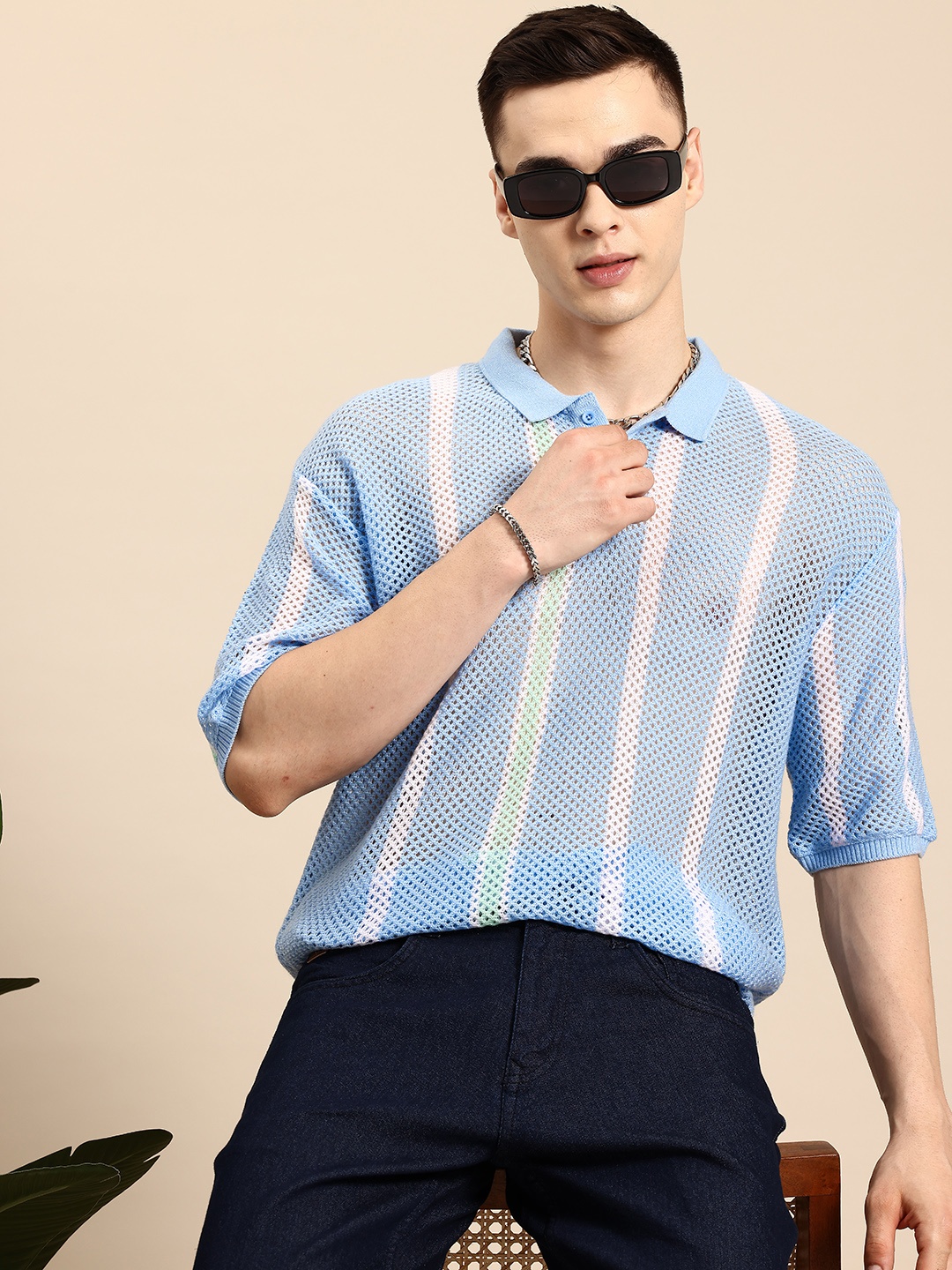 

Mast & Harbour Striped Open Knit Semi Sheer Polo Collar T-shirt, Blue