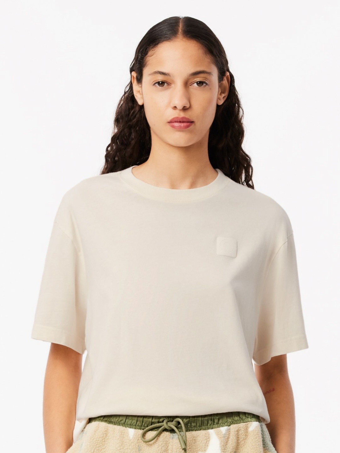 

Lacoste Women Solid Round Neck Cotton Oversized T-Shirt, Beige