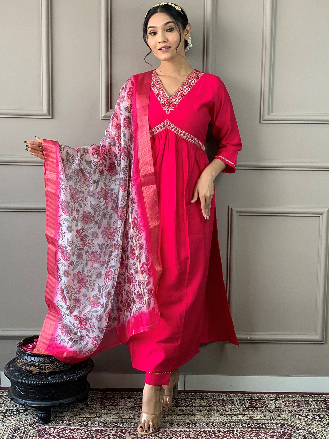 

KALINI Floral Embroidered Pleated Chanderi Silk Straight Kurta with Trousers & Dupatta, Pink