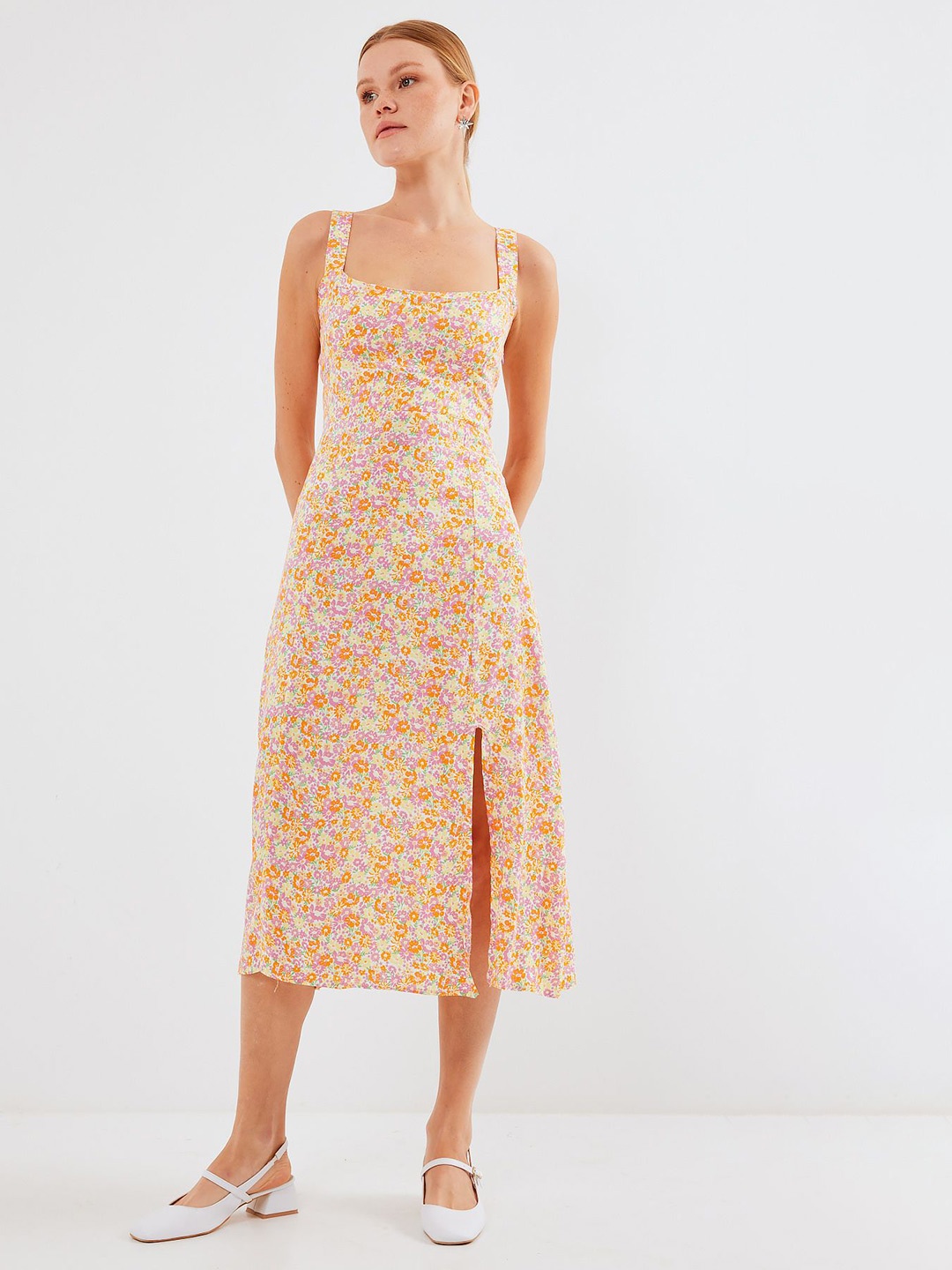 

BIGDART Floral Print A-Line Midi Dress, Yellow