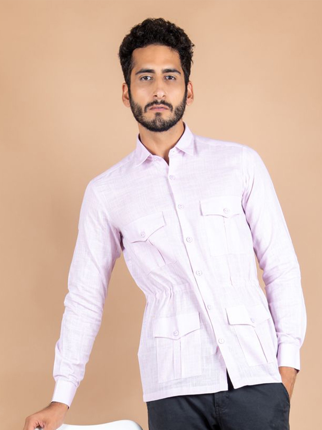 

Tistabene Men Standard Spread Collar Solid Linen Casual Shirt, Pink