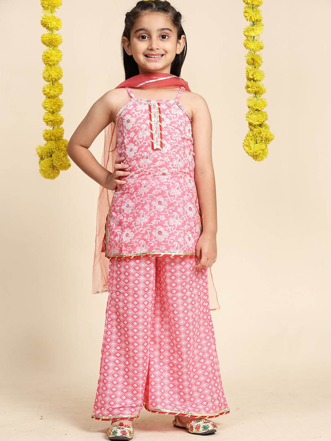 

Cutiekins Girls Floral Printed Gotta Patti Straight Kurta With Palazzos & Dupatta, Pink