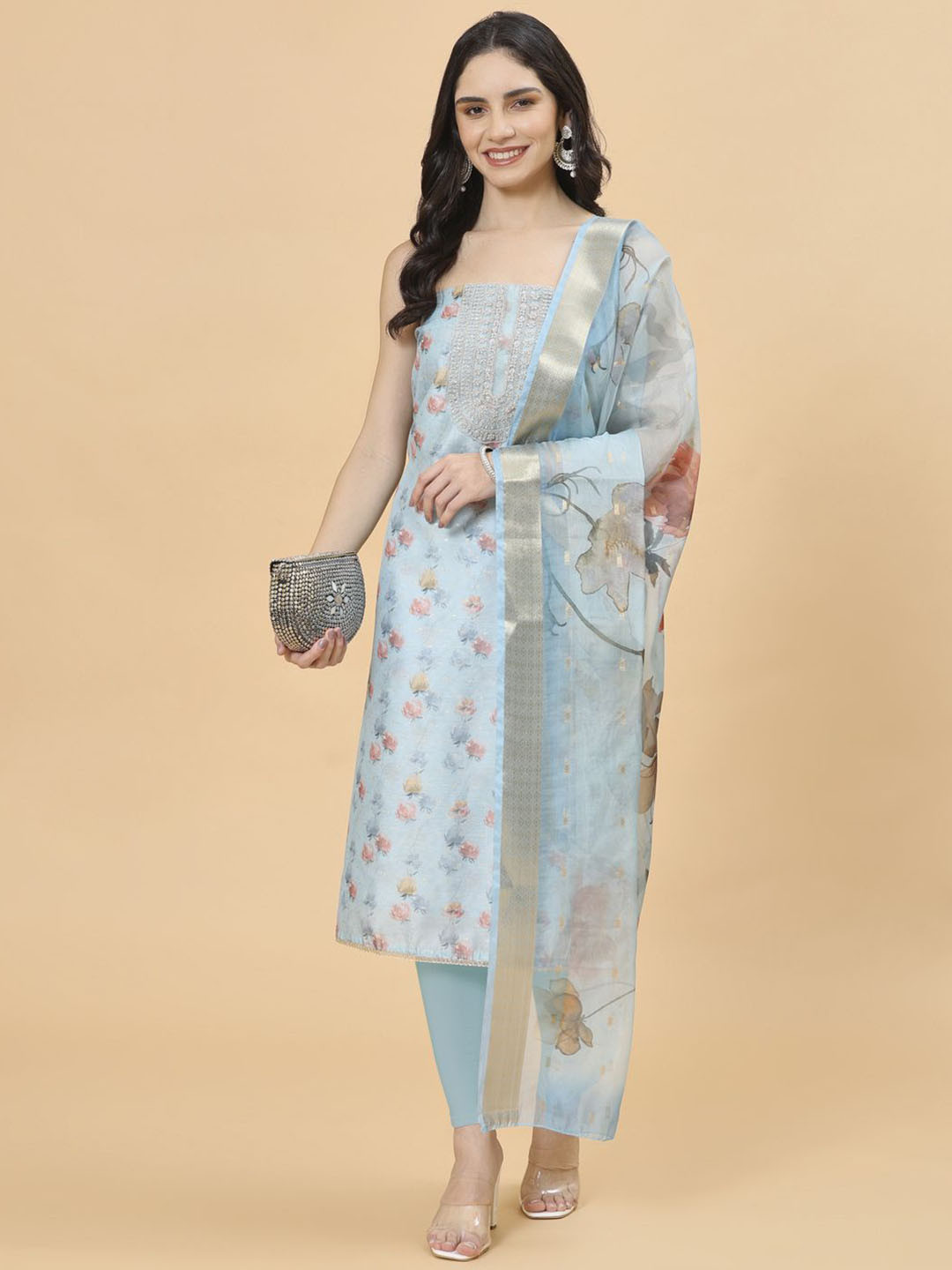 

Meena Bazaar Floral Printed Sequinned Unstitched Dress Material, Blue