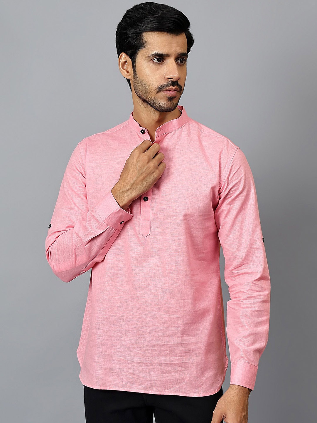 

Yugnik Mandarin Collar Roll-Up Sleeves Pure Cotton Short Kurta, Peach