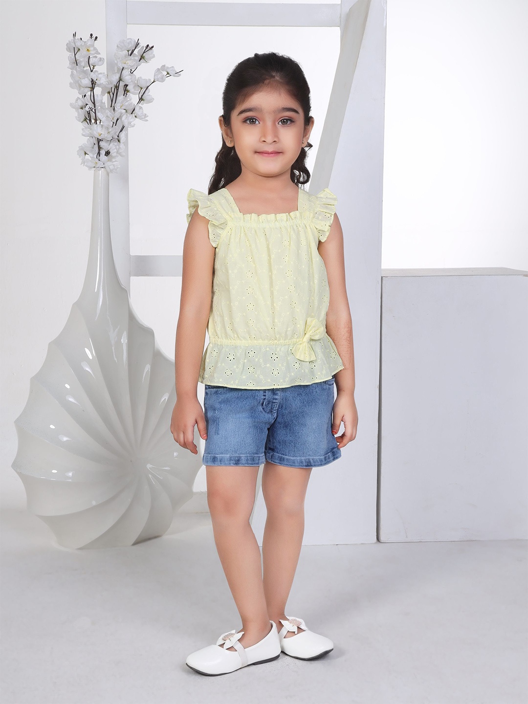 

Peppermint Girls Self Design Square Neck schiffli Top with Denim Shorts, Yellow