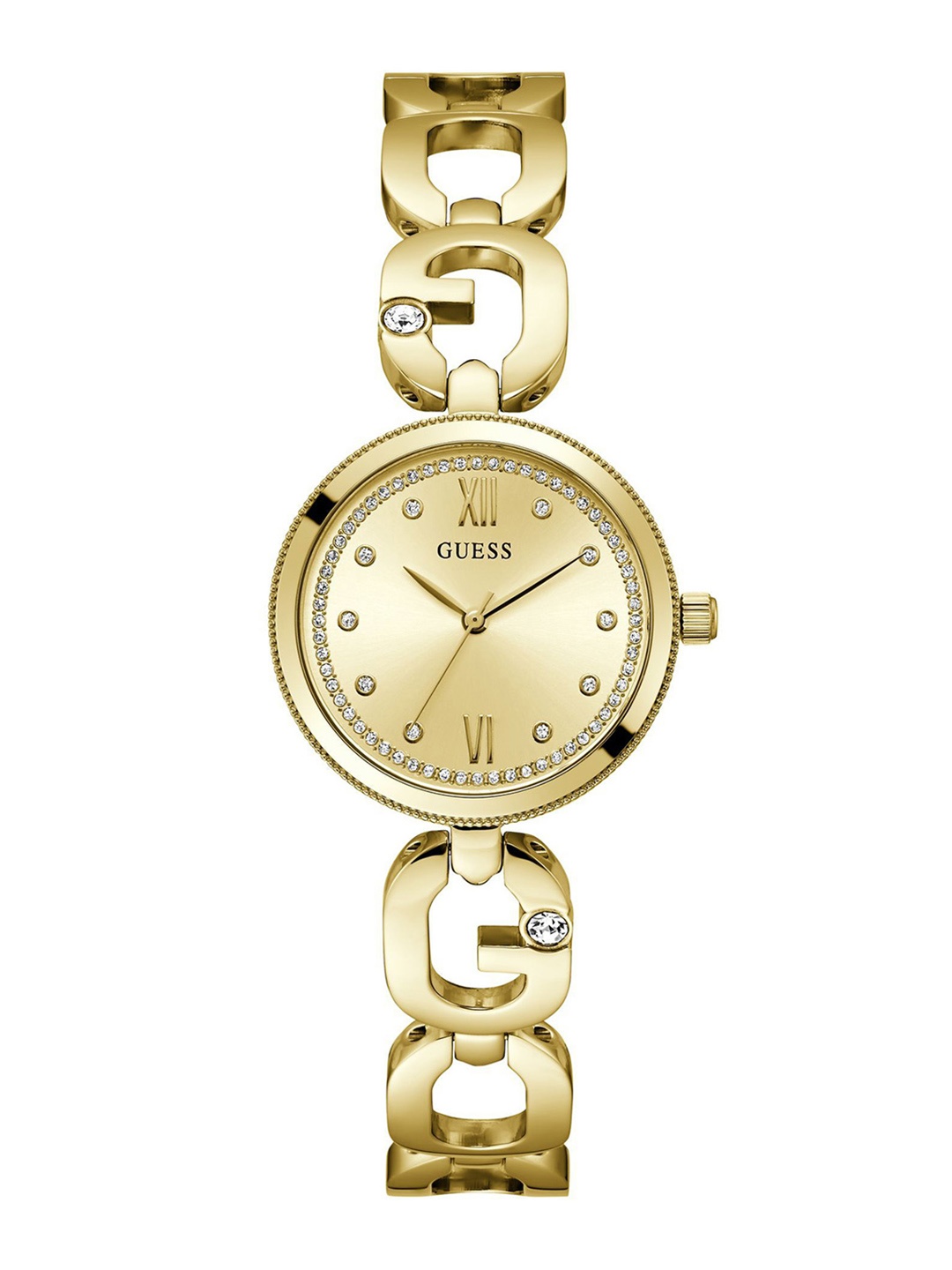 

GUESS Women Embellished Dial & Stainless Steel Bracelet Style Straps Analogue Watch GW0759L2, Gold