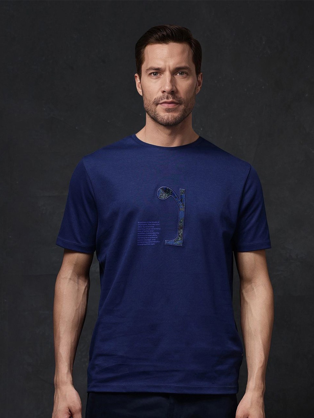 

RARE RABBIT Men Typography Printed Round Neck Cotton T-Shirt, Navy blue