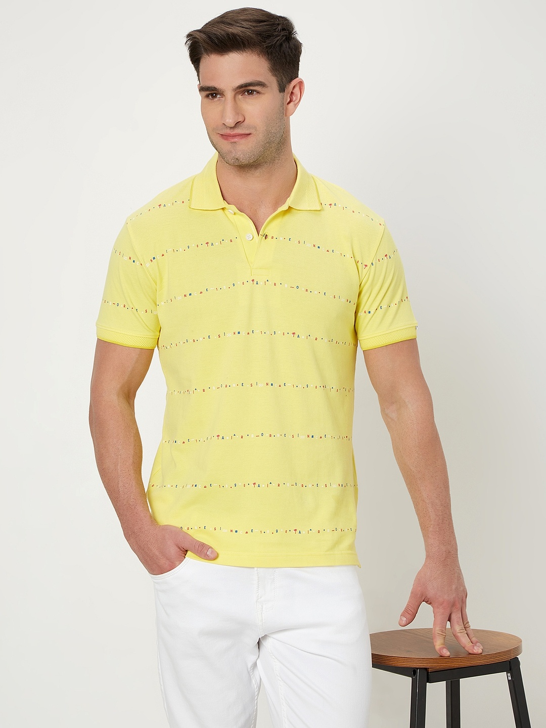 

Mufti Typography Printed Polo Collar Pure Cotton Slim Fit T-shirt, Yellow