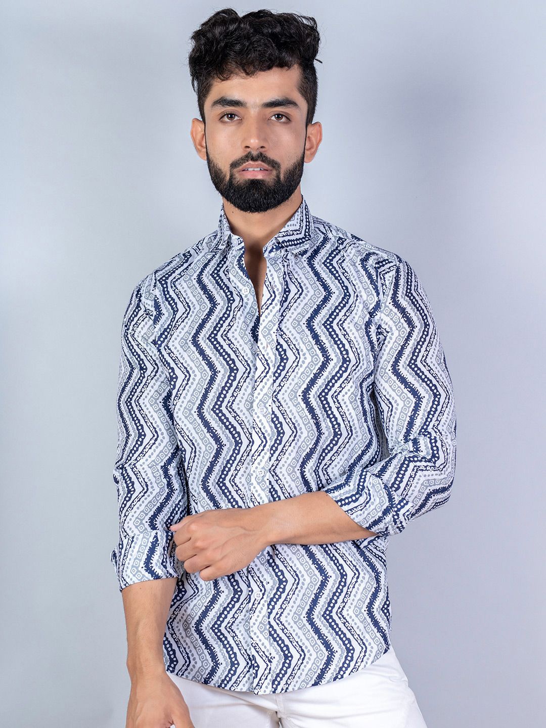 

Tistabene Men Standard Spread Collar Chevron Printed Cotton Casual Shirt, White