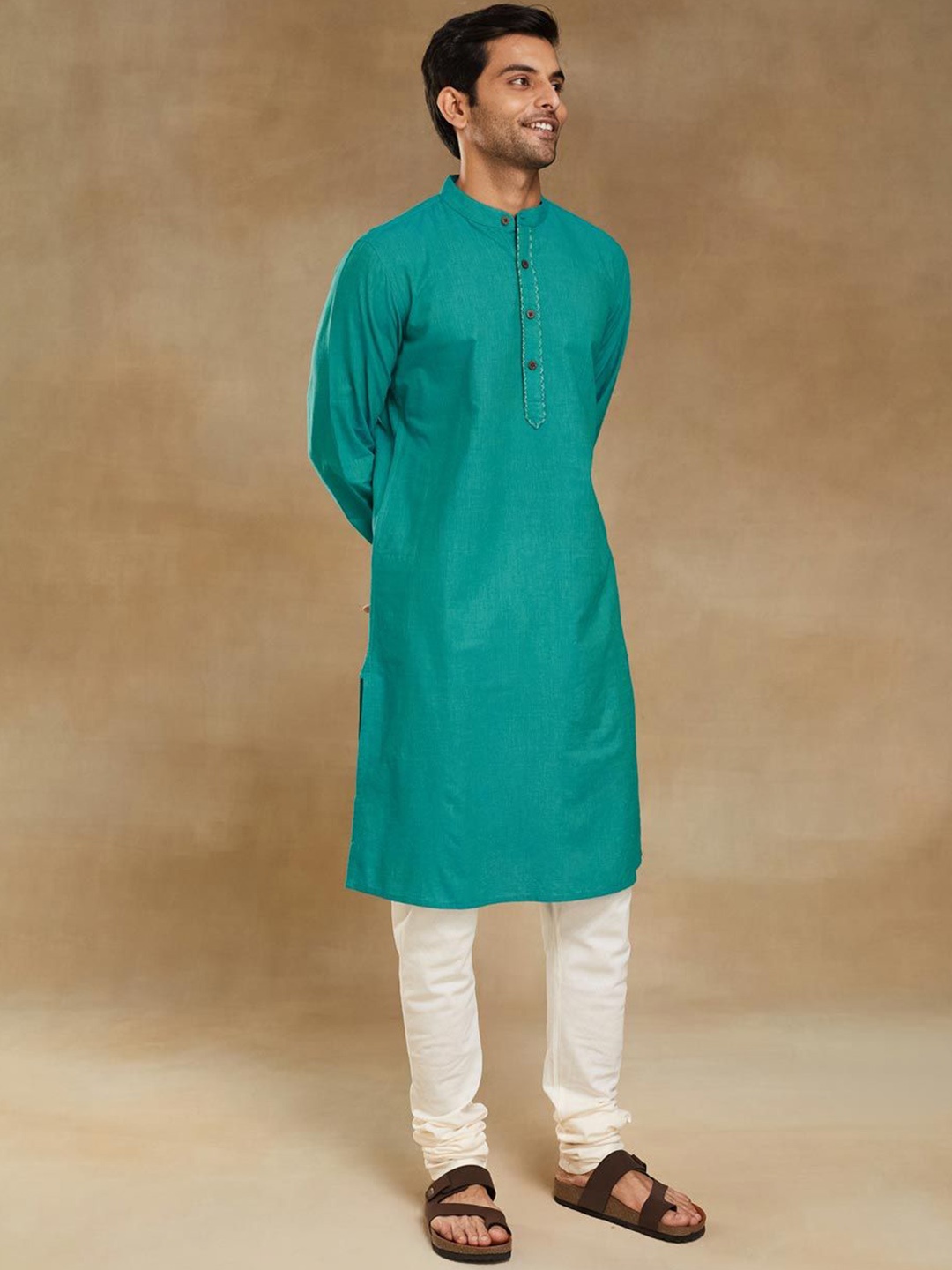 

Fabindia Thread Work Mandarin Collar Cotton Straight Kurta, Turquoise blue