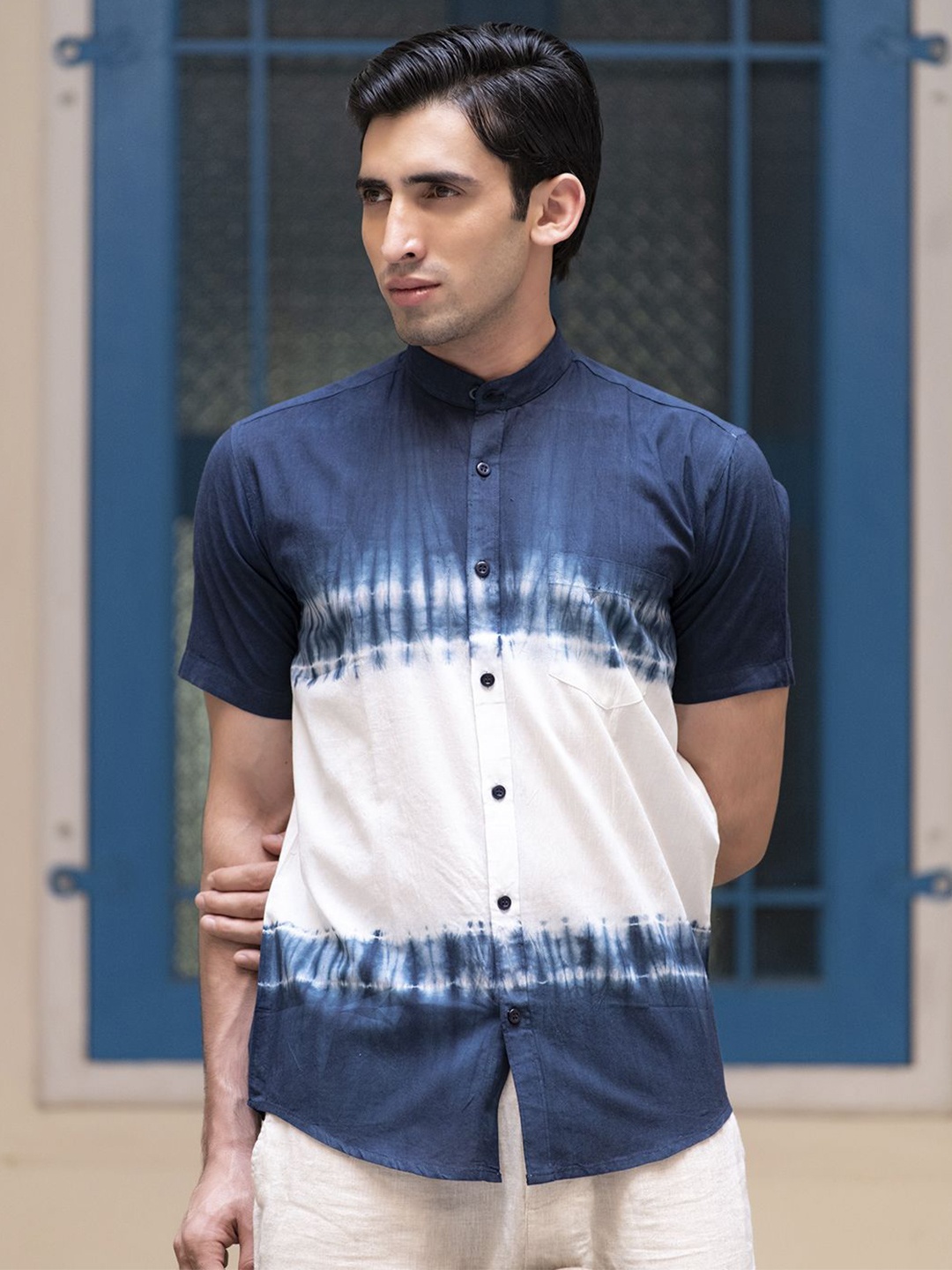 

Tistabene Men Standard Band Collar Faded Cotton Casual Shirt, Navy blue