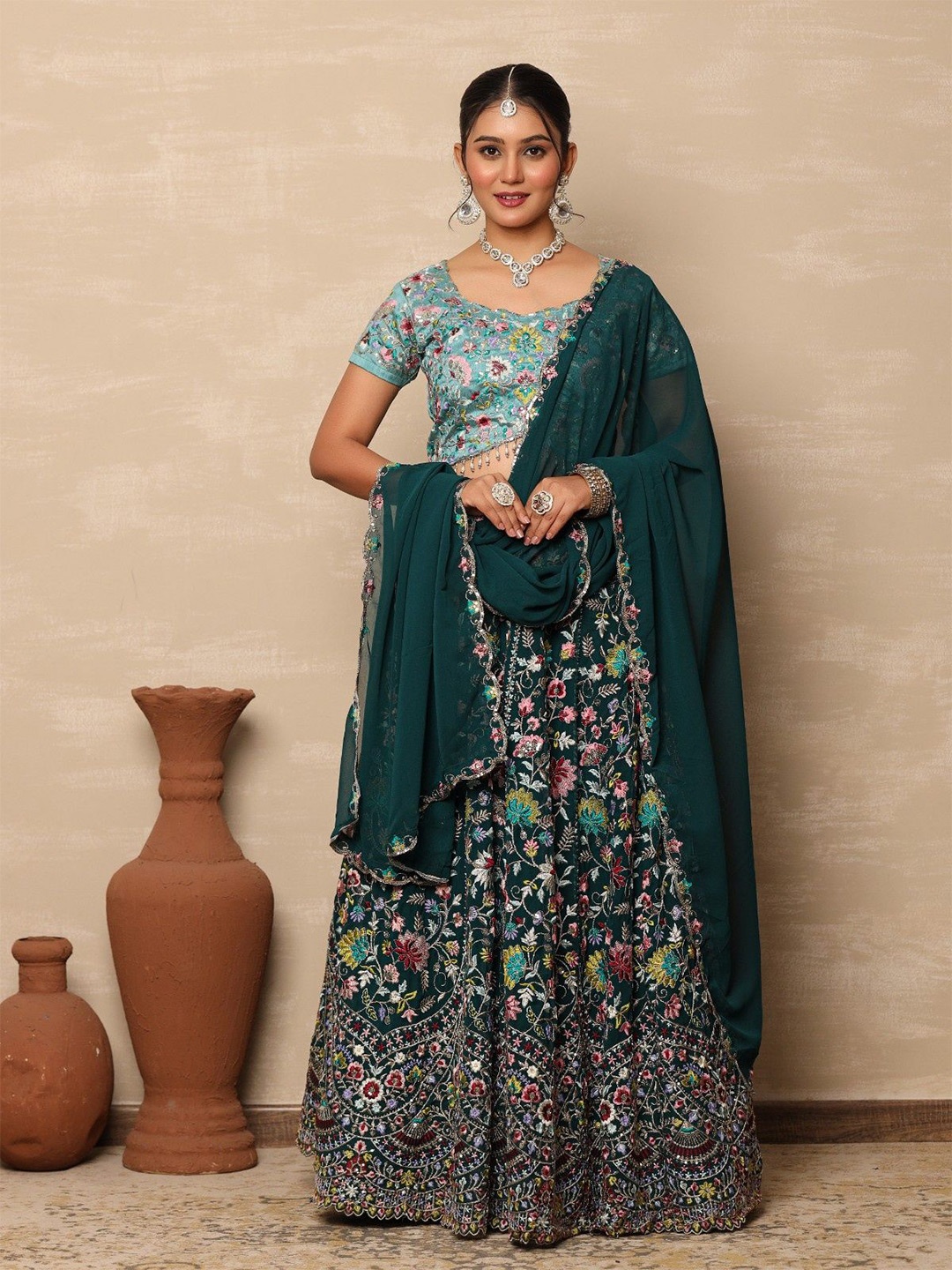 

Futra Gabha Embroidered Thread Work Ready to Wear Lehenga & Blouse With Dupatta, Green
