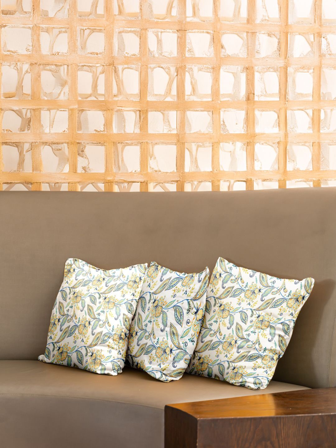 

URBAN SPACE White & Yellow 3 Pieces Ethnic Motifs Square Cotton Cushion Covers