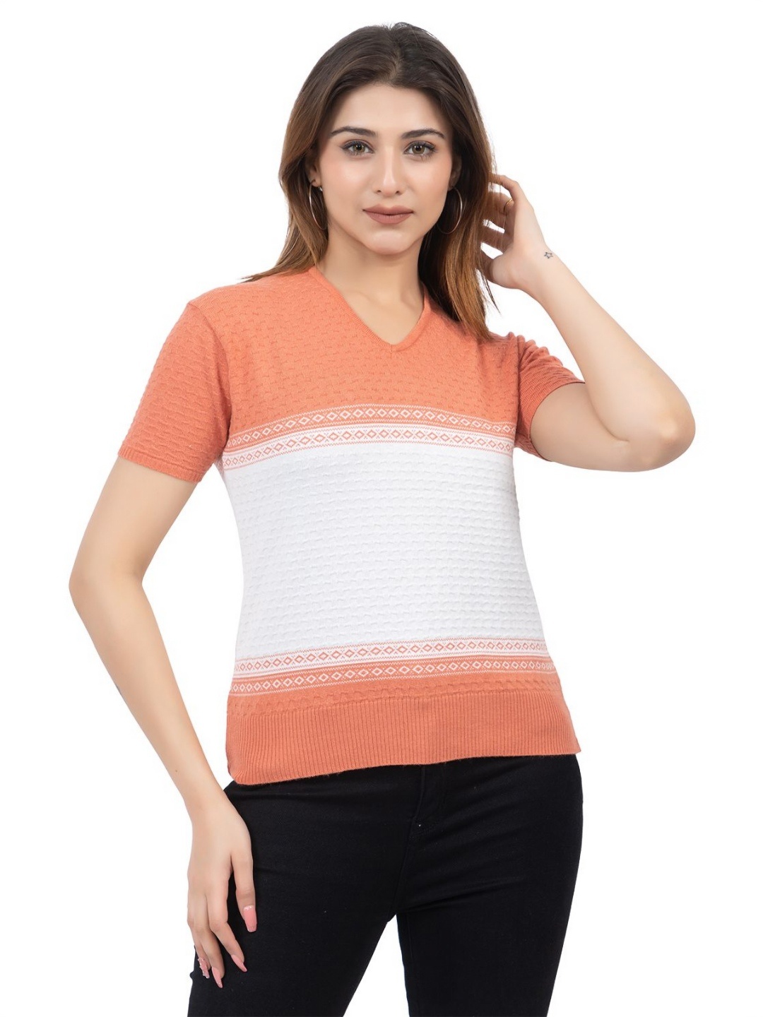 

LEZA Women Colourblocked V-Neck Cotton Slim Fit T-Shirt, Orange