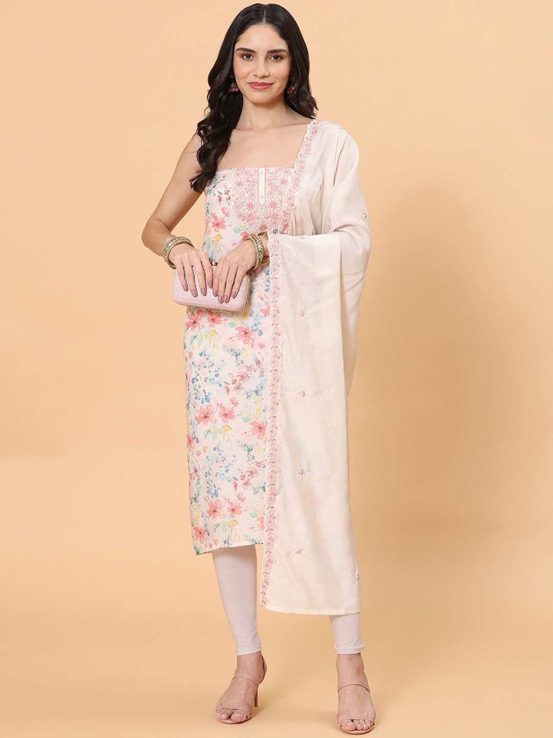 

Meena Bazaar Floral Printed Sequinned Unstitched Dress Material, Cream