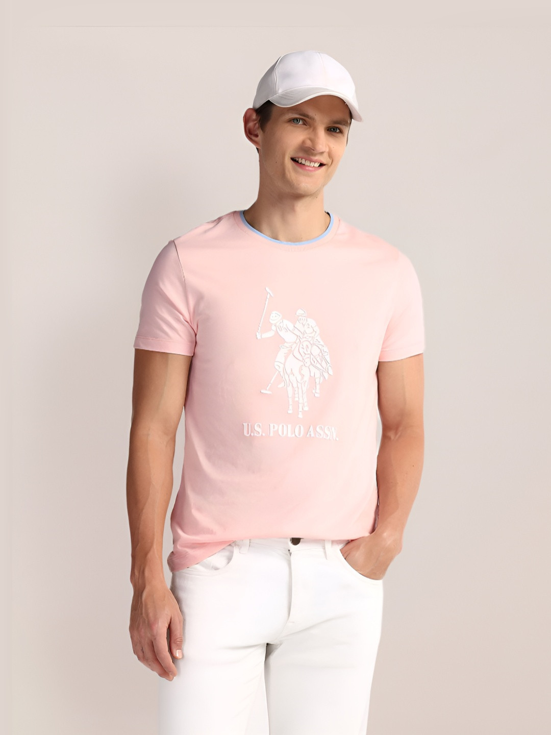 

U.S. Polo Assn. Men Graphic Printed Round Neck Cotton Slim Fit T-Shirt, Pink