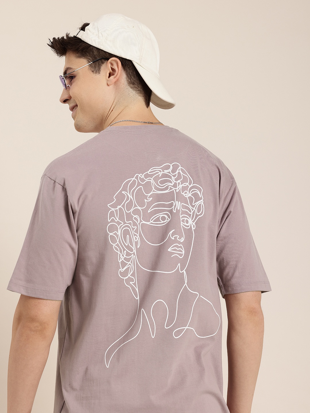 

HERE&NOW Printed Drop-Shoulder Sleeves Pure Cotton Boxy T-shirt, Mauve