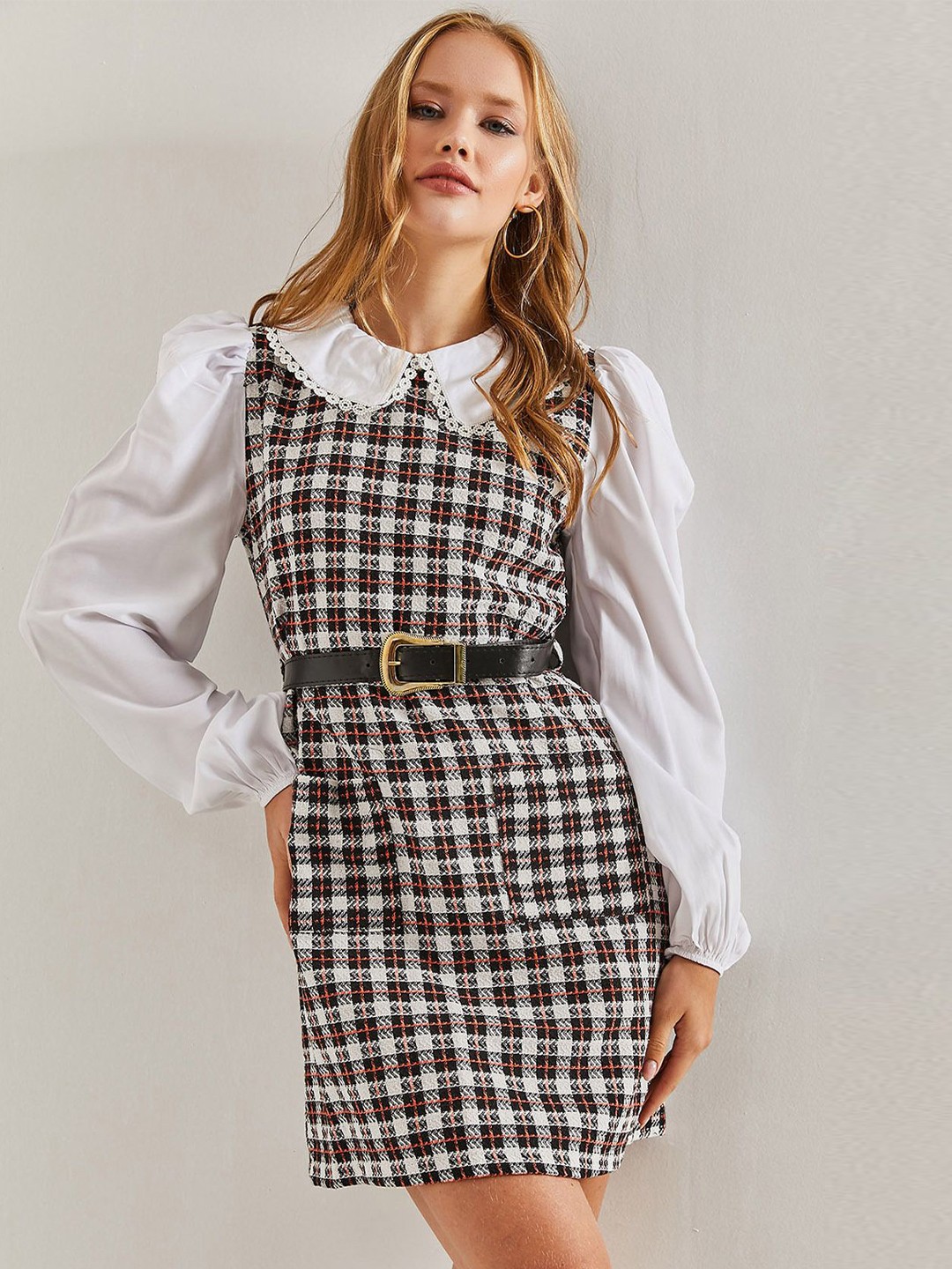 

BIANCO LUCCI Checked Peter Pan Collar Puff Sleeve A-Line Dress, Na