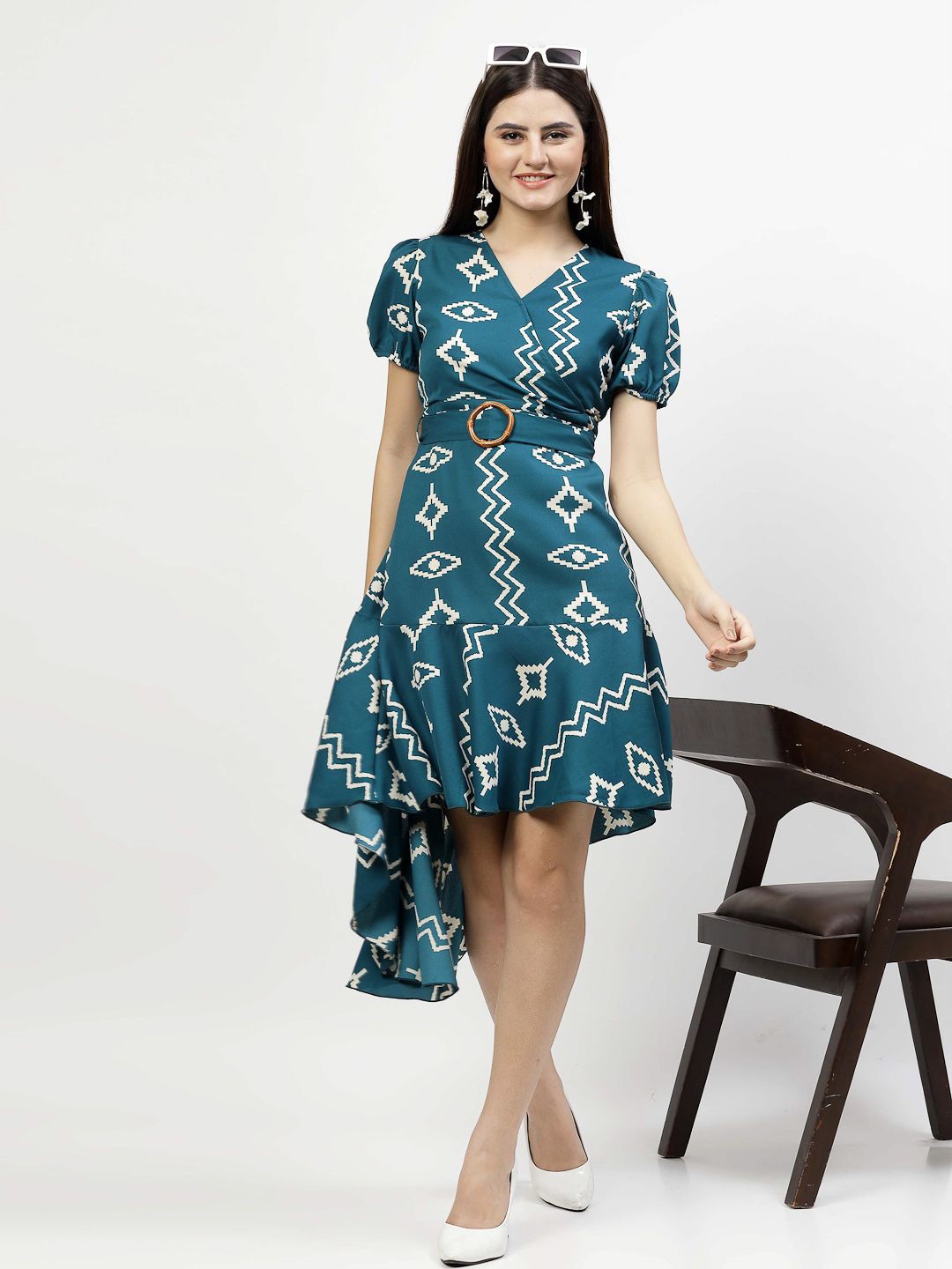 

COSMIC TRIO Printed Puff Sleeve Crepe Fit and Flare High-Low Hem Dress, Teal