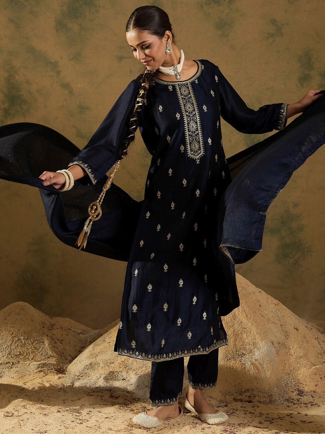 

Indo Era Ethnic Embroidered Zari Work Round Neck Silk Blend Kurta with Trouser & Dupatta, Navy blue
