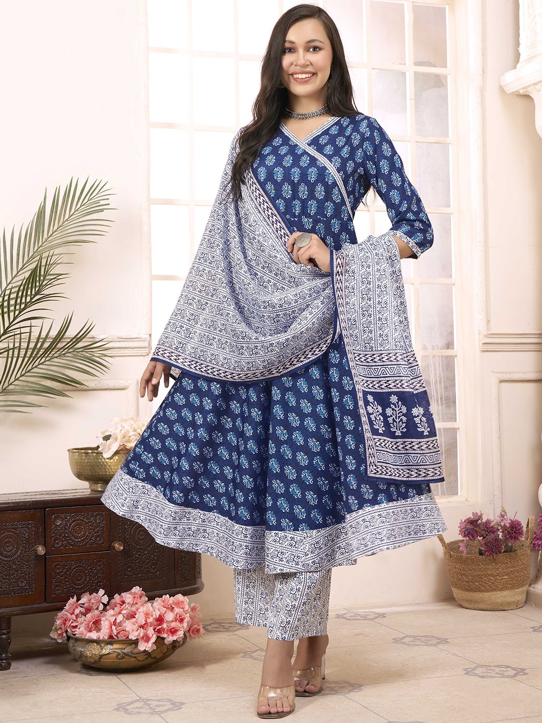 

Anouk Rustic Floral Printed Angrakha A-Line Kurta with Palazzos & Dupatta, Navy blue