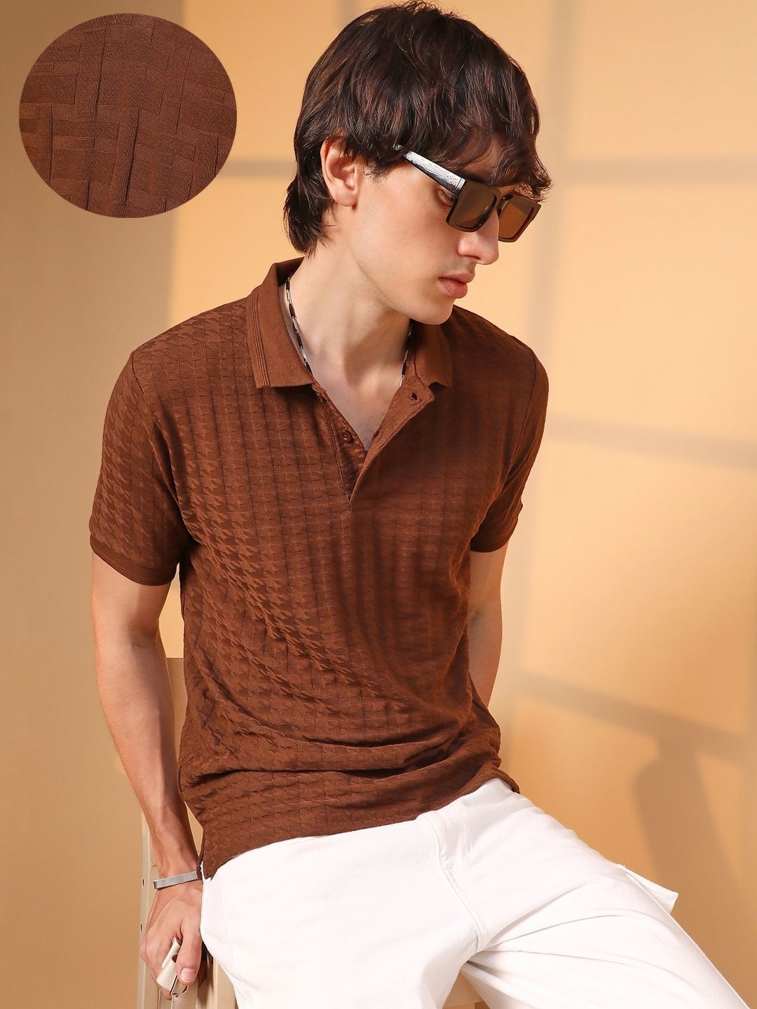 

Campus Sutra Men Self Design Polo Collar Cotton T-Shirt, Brown