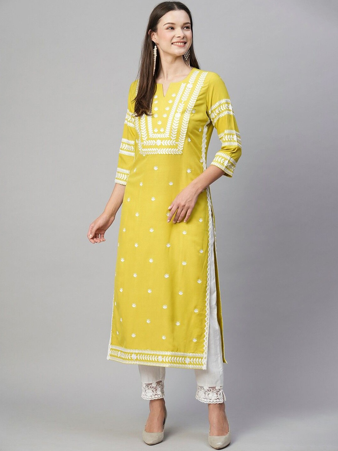 

GoSriKi Floral Embroidered Chikankari Straight Kurta, Yellow
