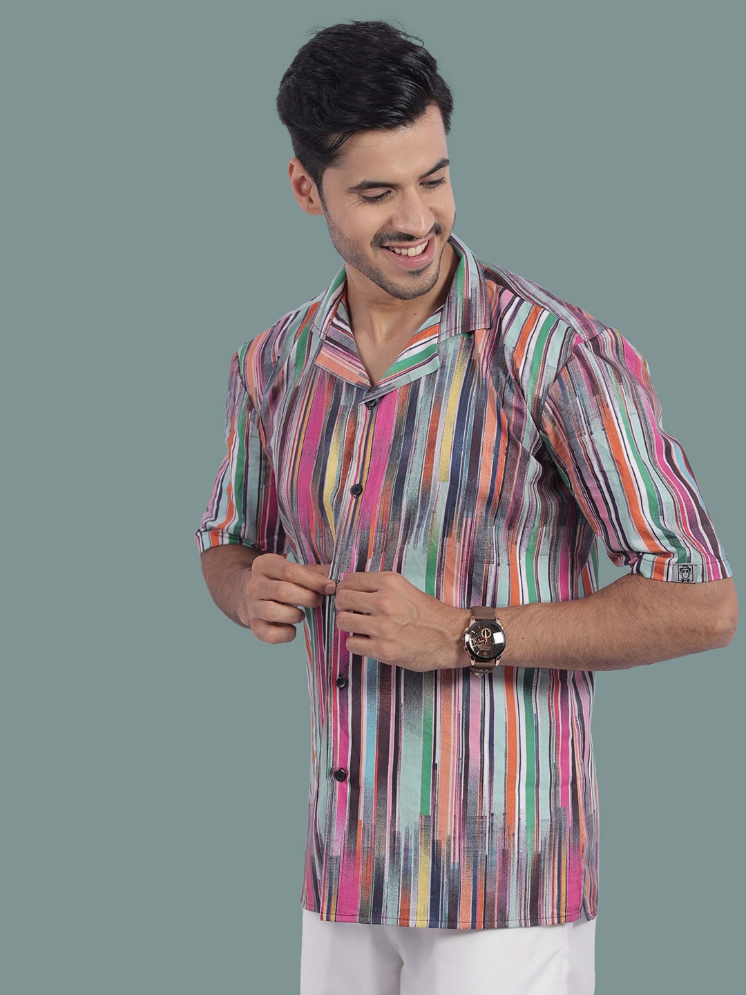 

STITCH MONKEY Men Comfort Cuban Collar Multi Striped Casual Shirt, Yellow
