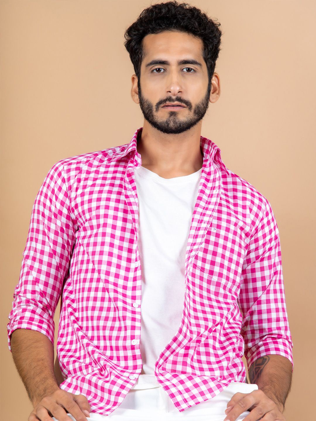 

Tistabene Men Standard Spread Collar Micro Checked Cotton Casual Shirt, Pink