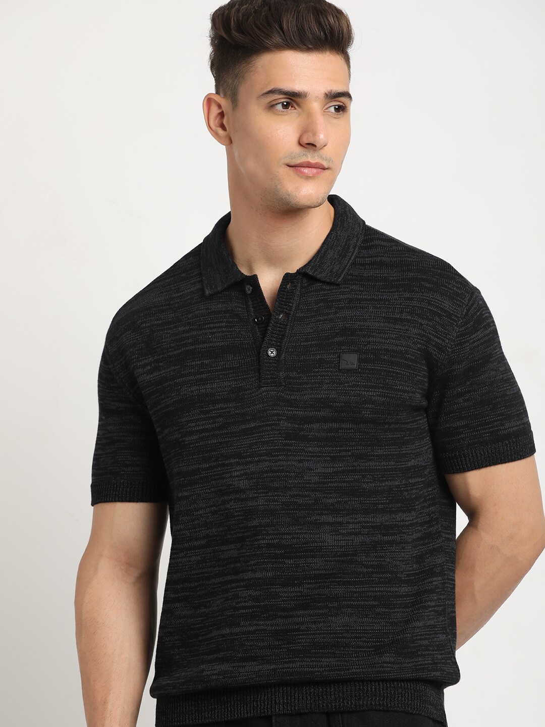 

THE BEAR HOUSE Self Design Polo Collar Short Sleeves Cotton T-shirt, Black