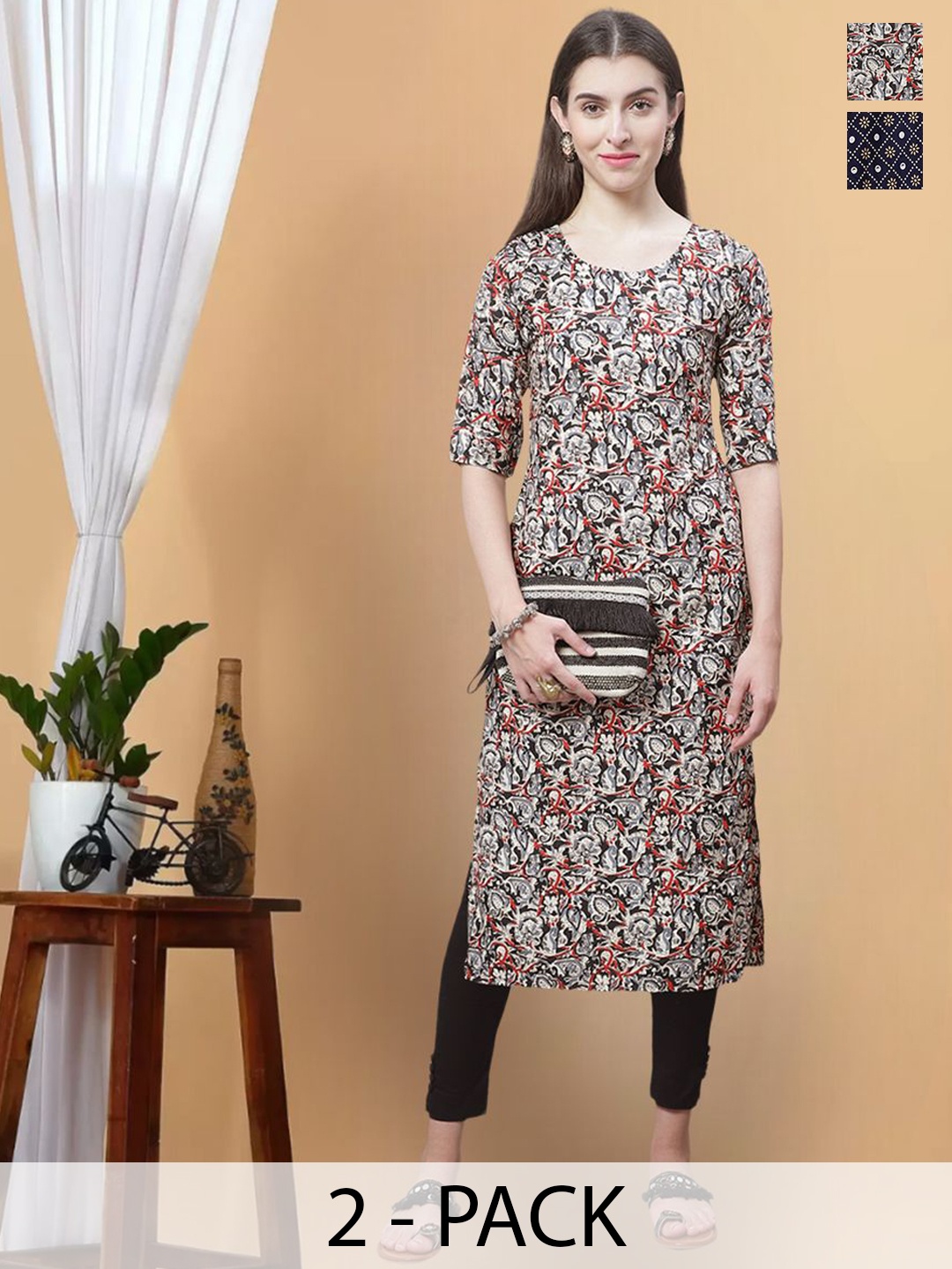 

7Threads Selection Of 2 Floral Printed Round Neck Straight Kurta, Beige