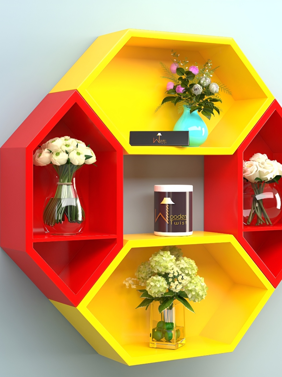 

Wooden Twist Yellow & Red 4 Pieces Hexagon Floating Basic Wall Shelves