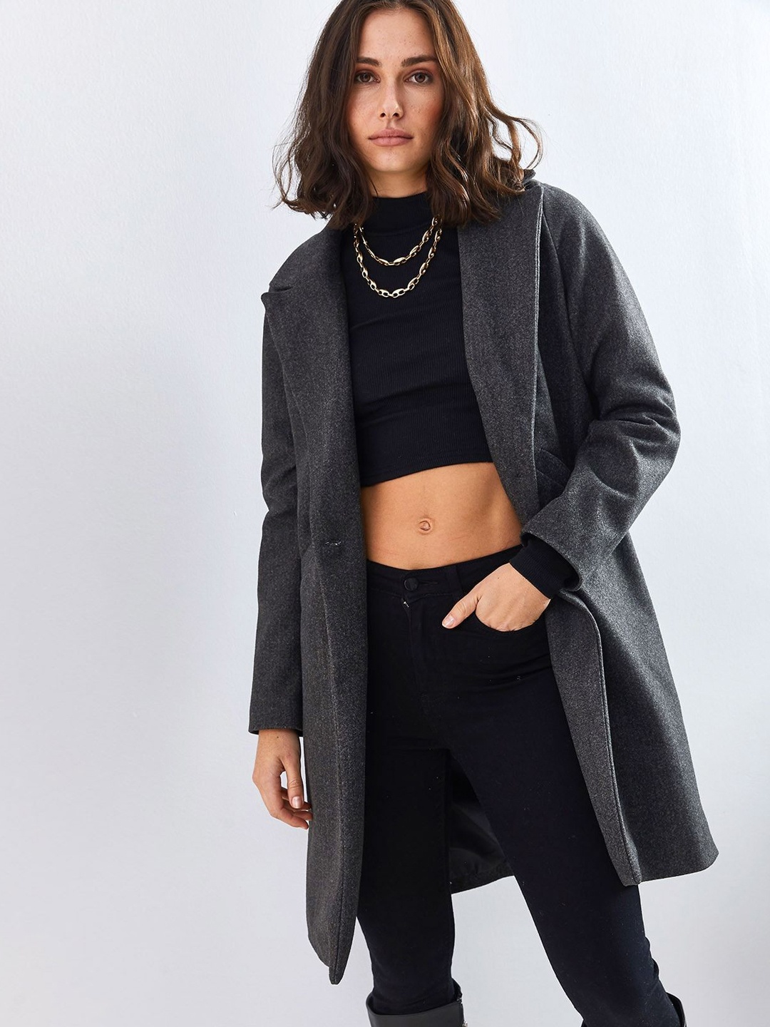 

BIANCO LUCCI Women Textured Long Sleeves Overcoats, Black