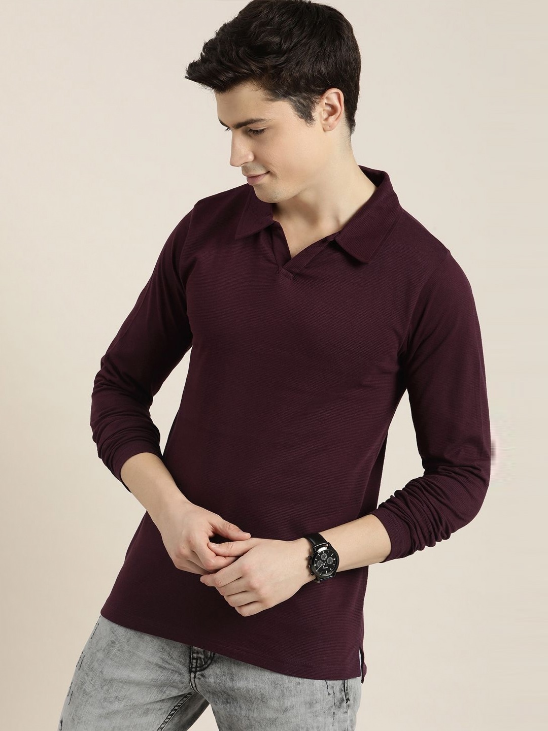 

DILLINGER Men Solid Honeycomb Structure Long Sleeve Cotton Polo T-Shirt, Maroon