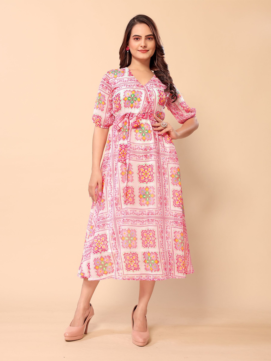 

Murcia Floral Print Chiffon Fit & Flare Midi Dress, Pink