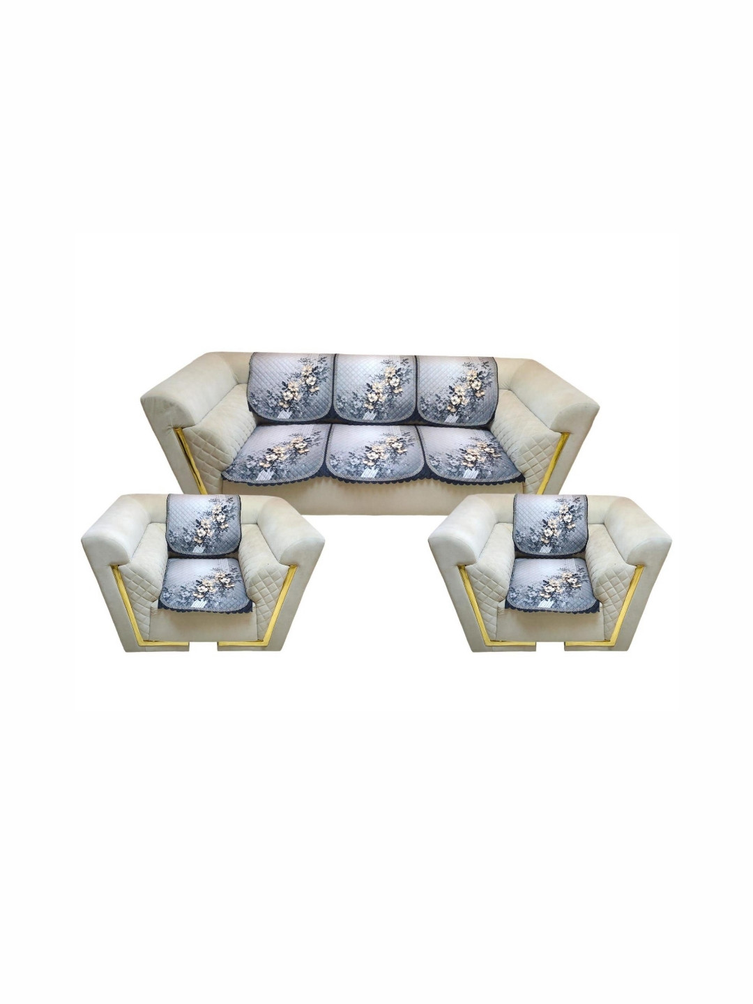 

TANLOOMS Grey & Blue 6 Pieces Printed Velvet 5 Seater Sofa Cover