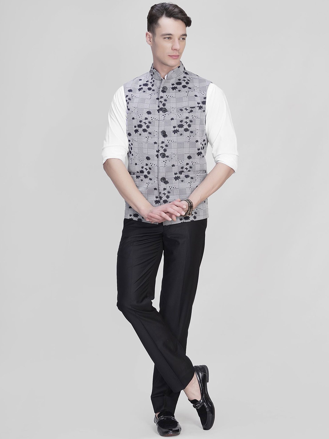 

LA'SCOOT Floral Printed Mandarin Collar Nehru Jacket, Blue