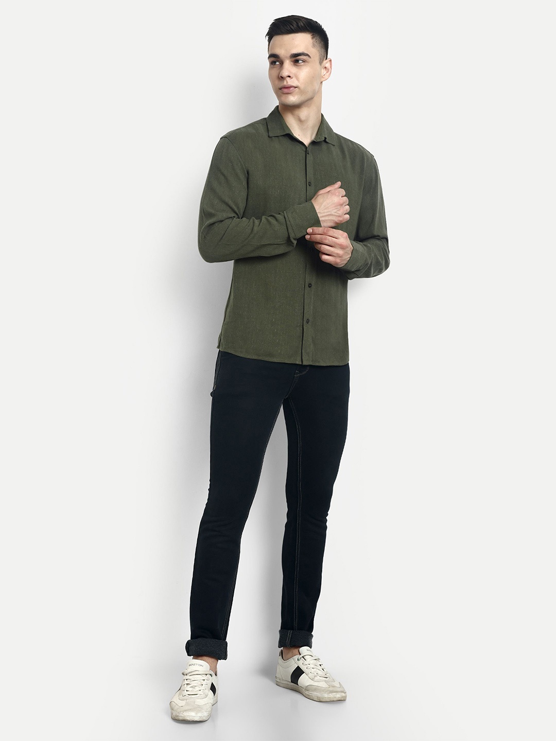 

PANDORNA Men Straight Spread Collar Solid Casual Shirt, Olive
