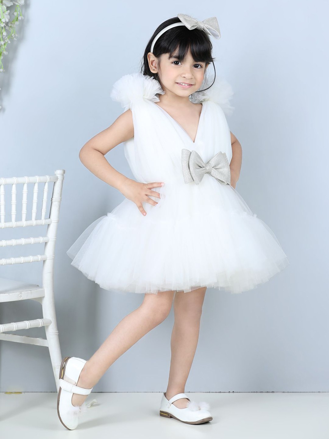 

The Lush Affair Girls Net Fit & Flare Mini Dress With Bow, Off white
