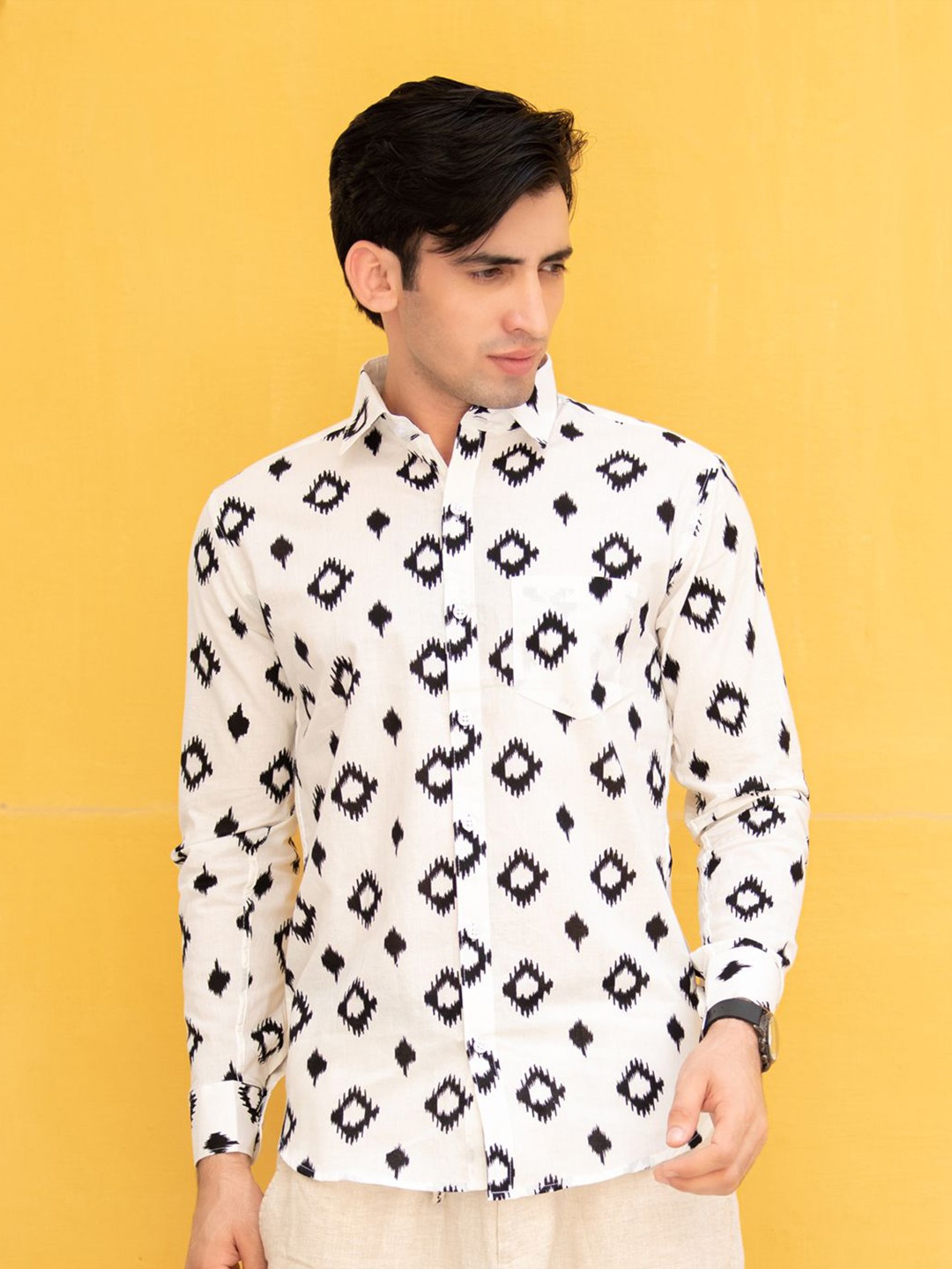 

Tistabene Men Standard Spread Collar Conversational Printed Cotton Casual Shirt, White