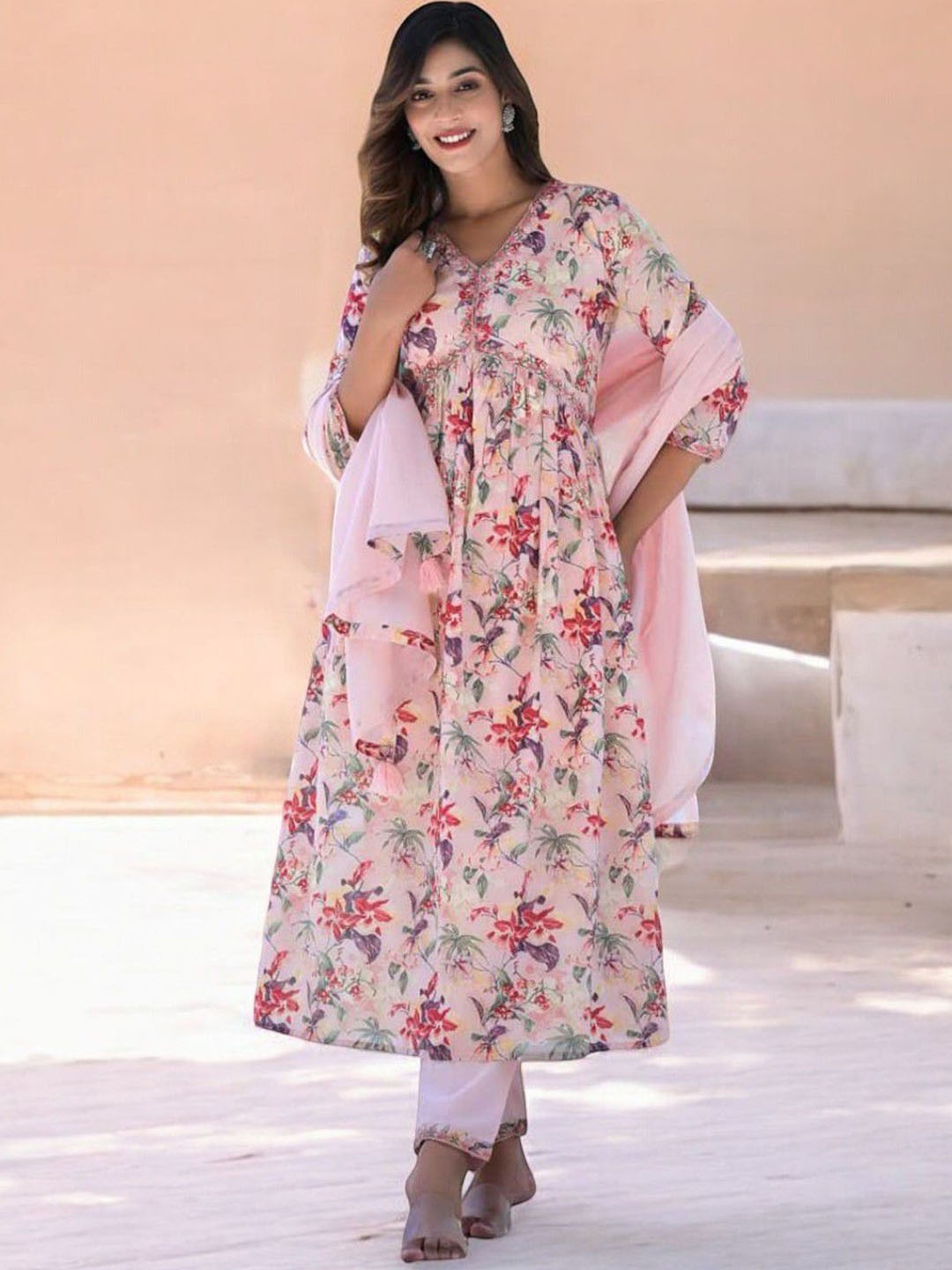 

ARAVALII Floral Printed V-Neck Pure Cotton Anarkali Kurta with Trousers & Dupatta, Pink