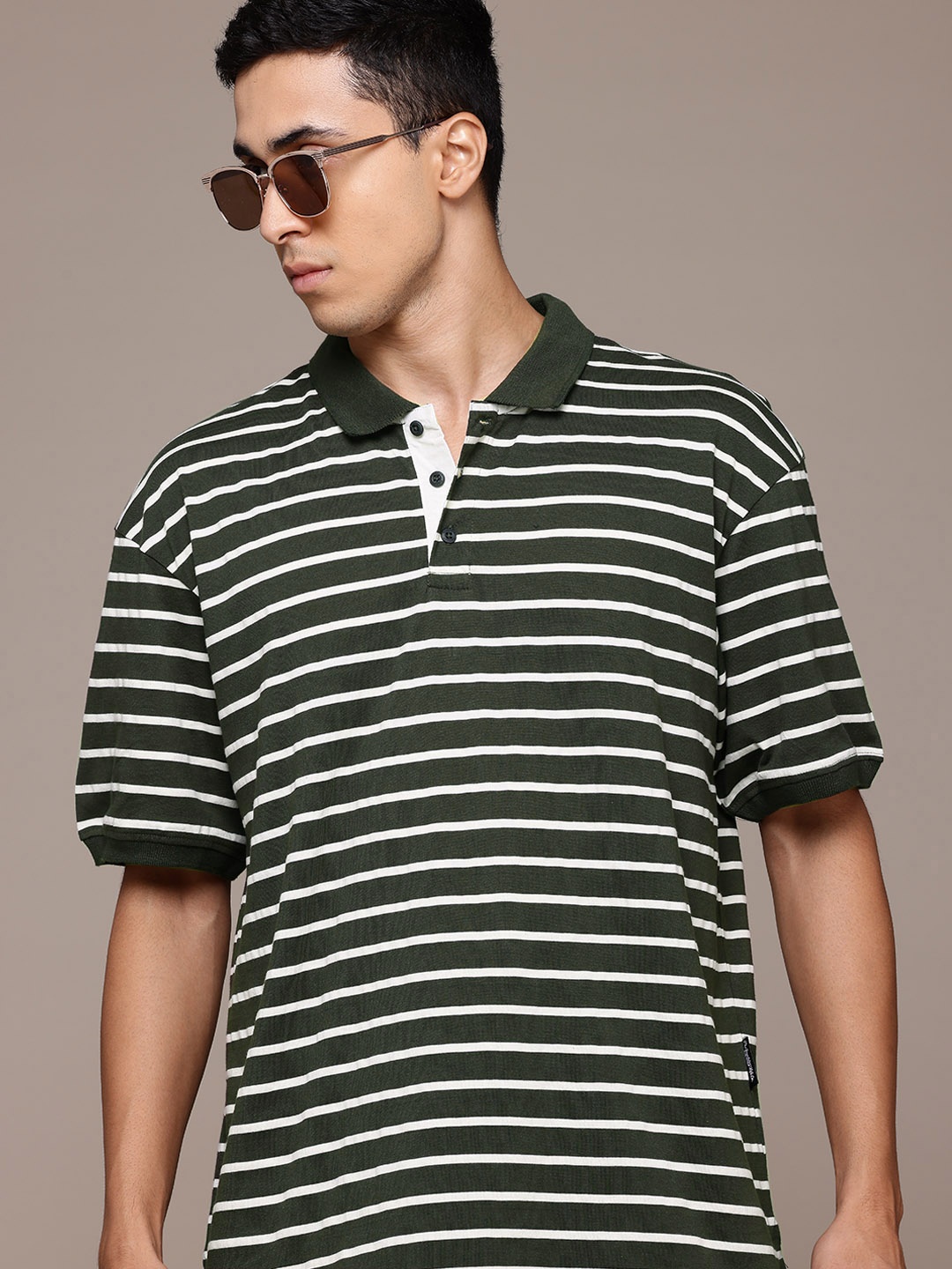 

The Roadster Lifestyle Co. Striped Polo Collar Relaxed Fit T-shirt, Olive