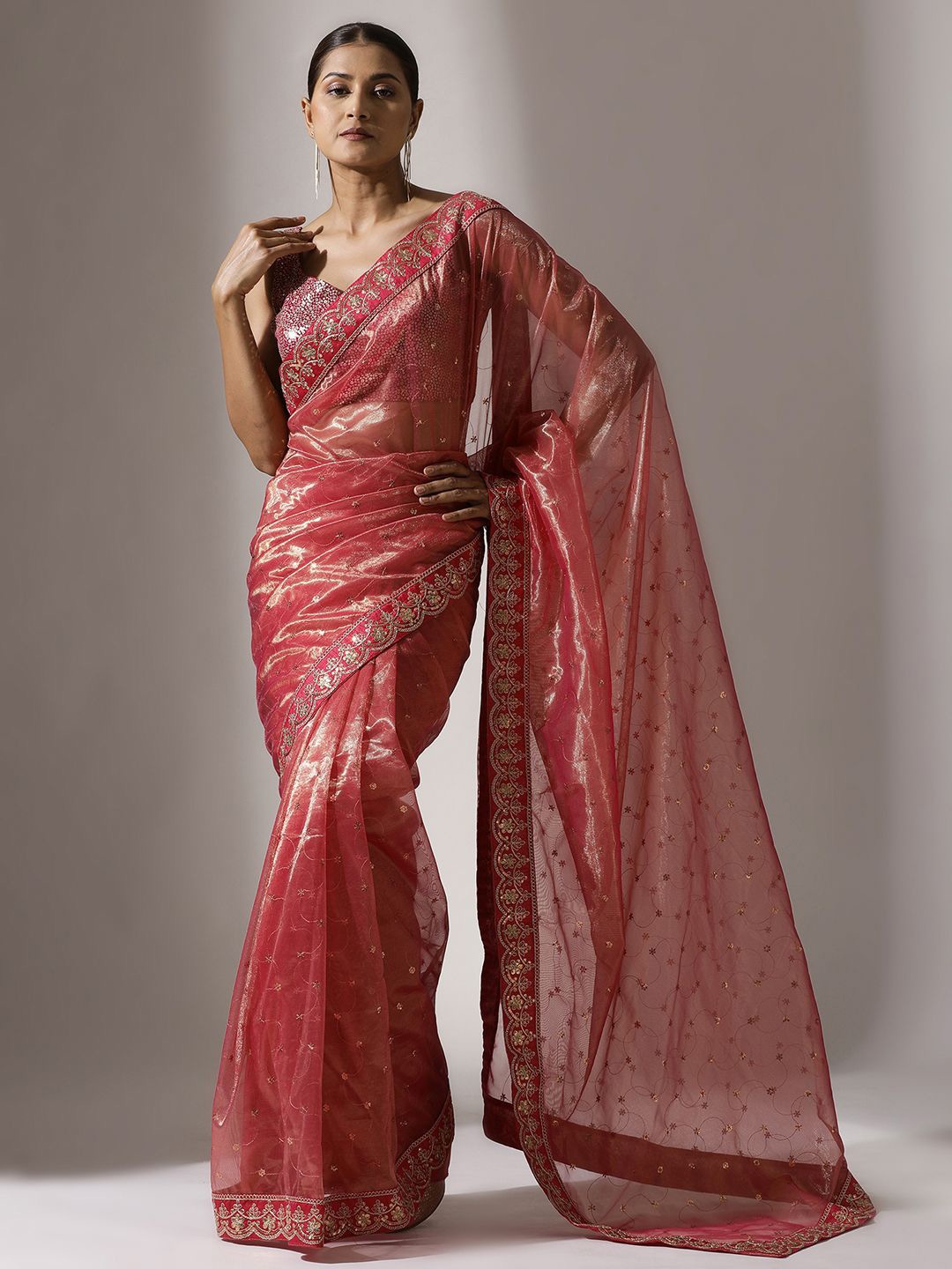 

Qahal Embellished Sequinned Net Designer Saree, Pink