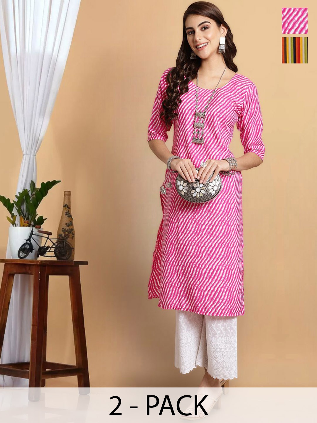 

7Threads Selection Of 2 Printed Straight Kurtas, Pink