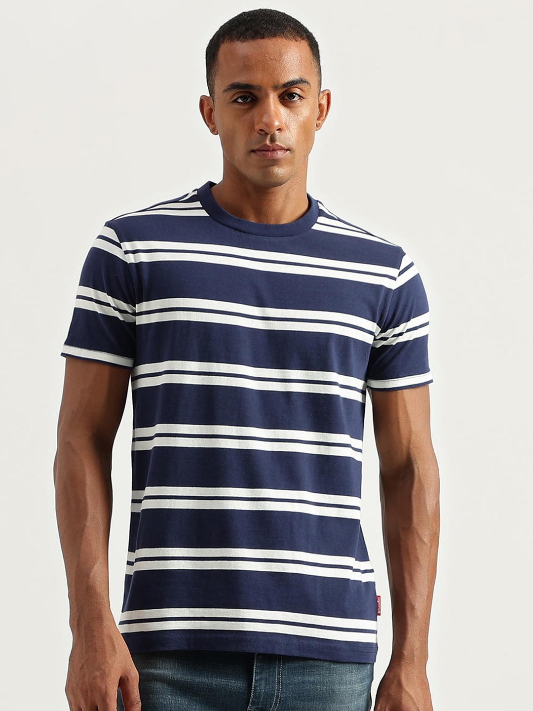 

United Colors of Benetton Striped Round Neck Cotton T-Shirt, Blue